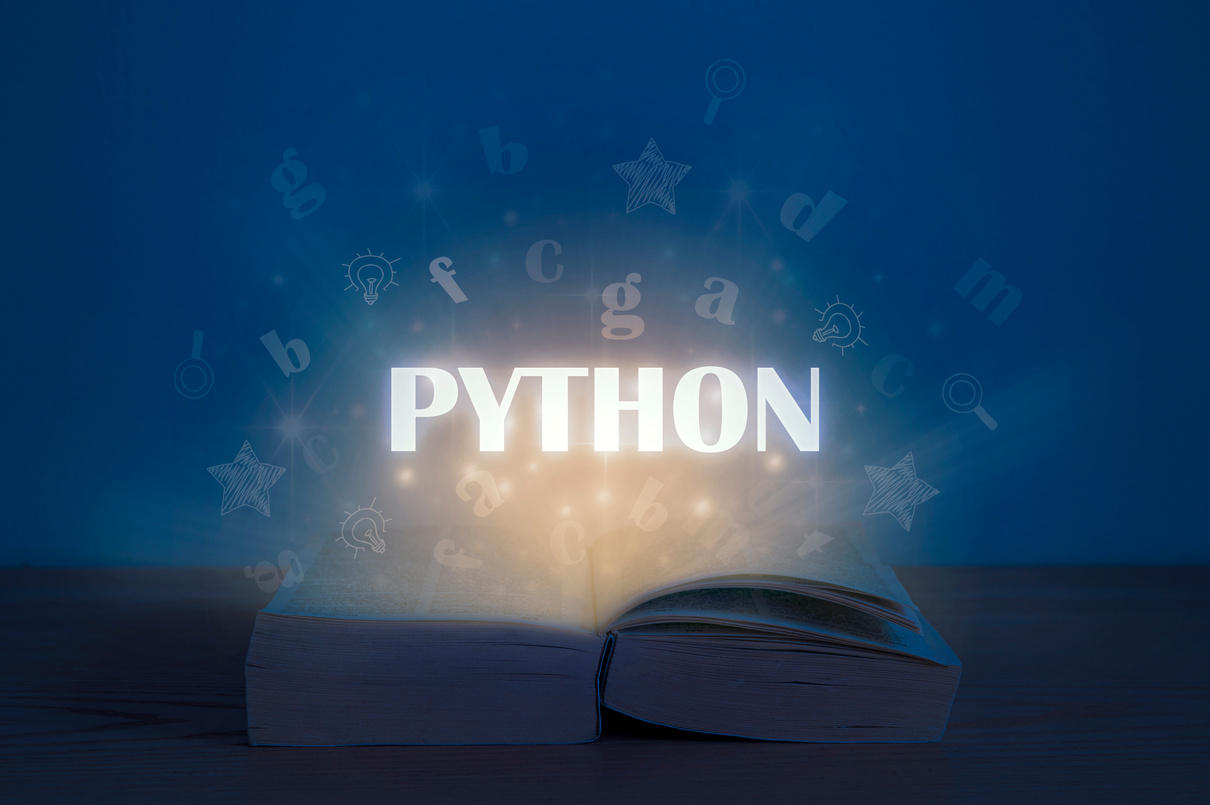 Python inscription above open book. Light coming from open book with words python. Education concept. Learn programming language.